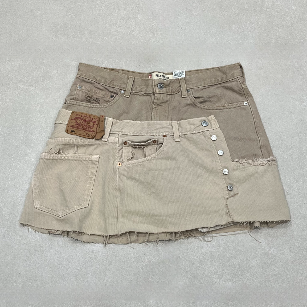 REWORKED LAYERED LEVI SKIRT- "COSMIC LATTE" MADE TO ORDER - CLOSET LUNA