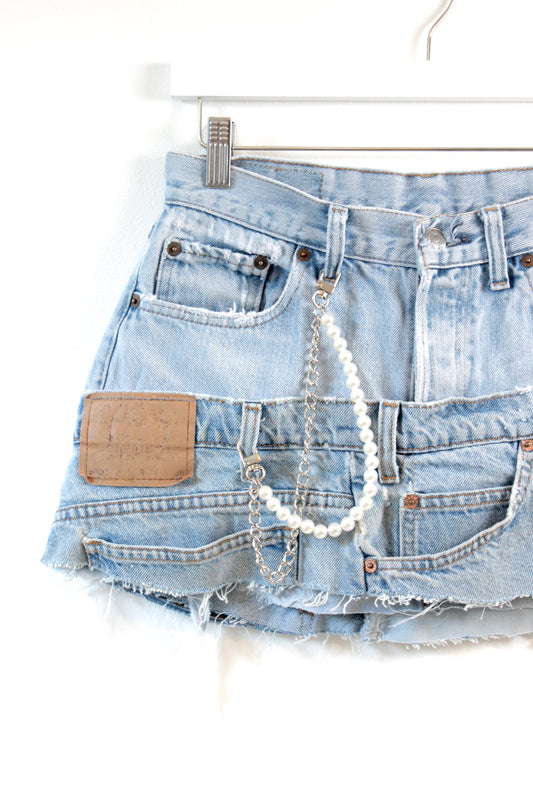 "LAYERED" CHAIN REWORKED VINTAGE LEVI DENIM MINI SKIRT W29 - CLOSET LUNA