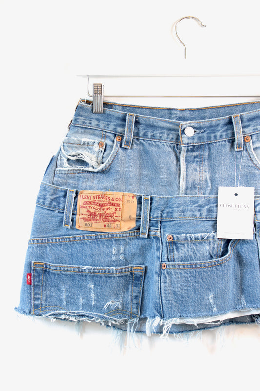 "LAYERED" REWORKED DENIM LEVI MINI SKIRT BLUE - CLOSET LUNA
