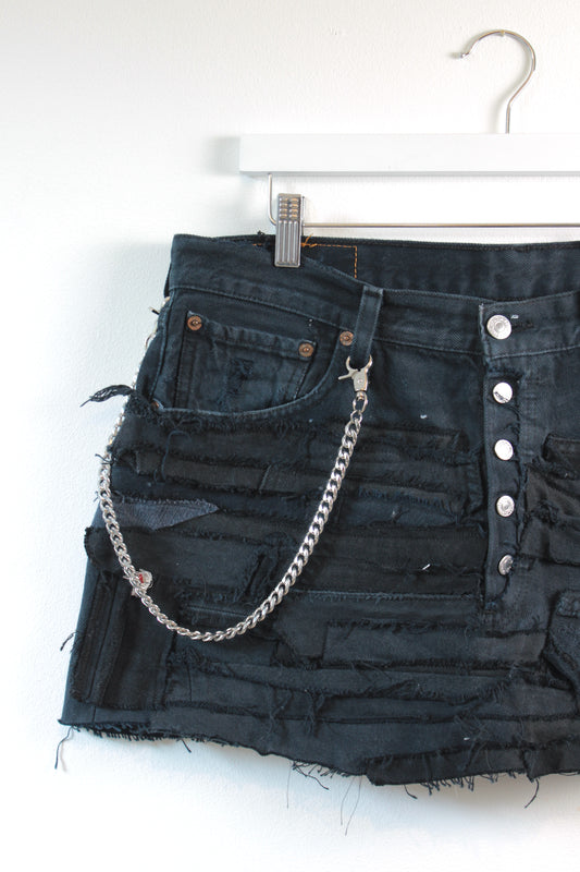 "DISTRESSED" REWORKED CUSTOM VINTAGE LEVI DENIM SKIRT WITH CHAIN - CLOSET LUNA