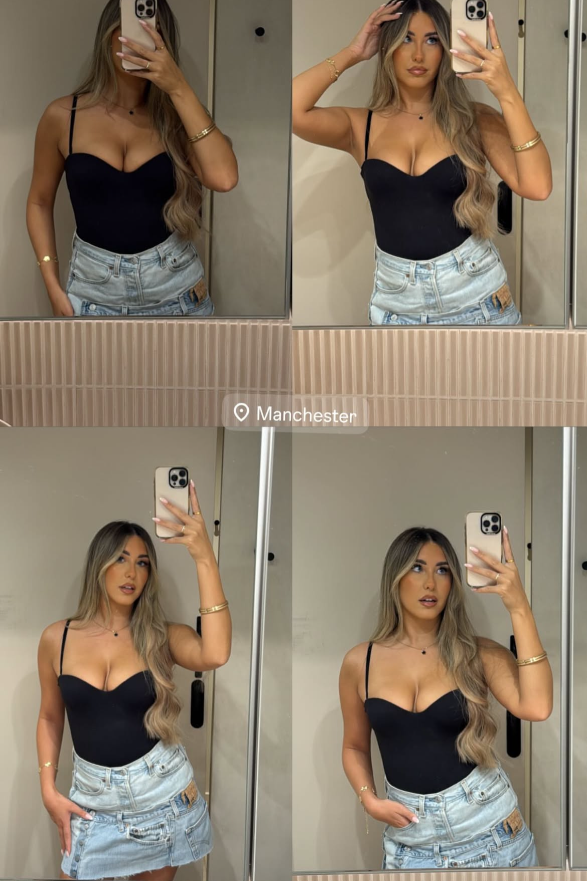 Person taking multiple mirror selfies wearing a black top and denim shorts.
