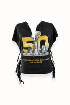 Black t-shirt with Super Bowl 50 graphics on a white background