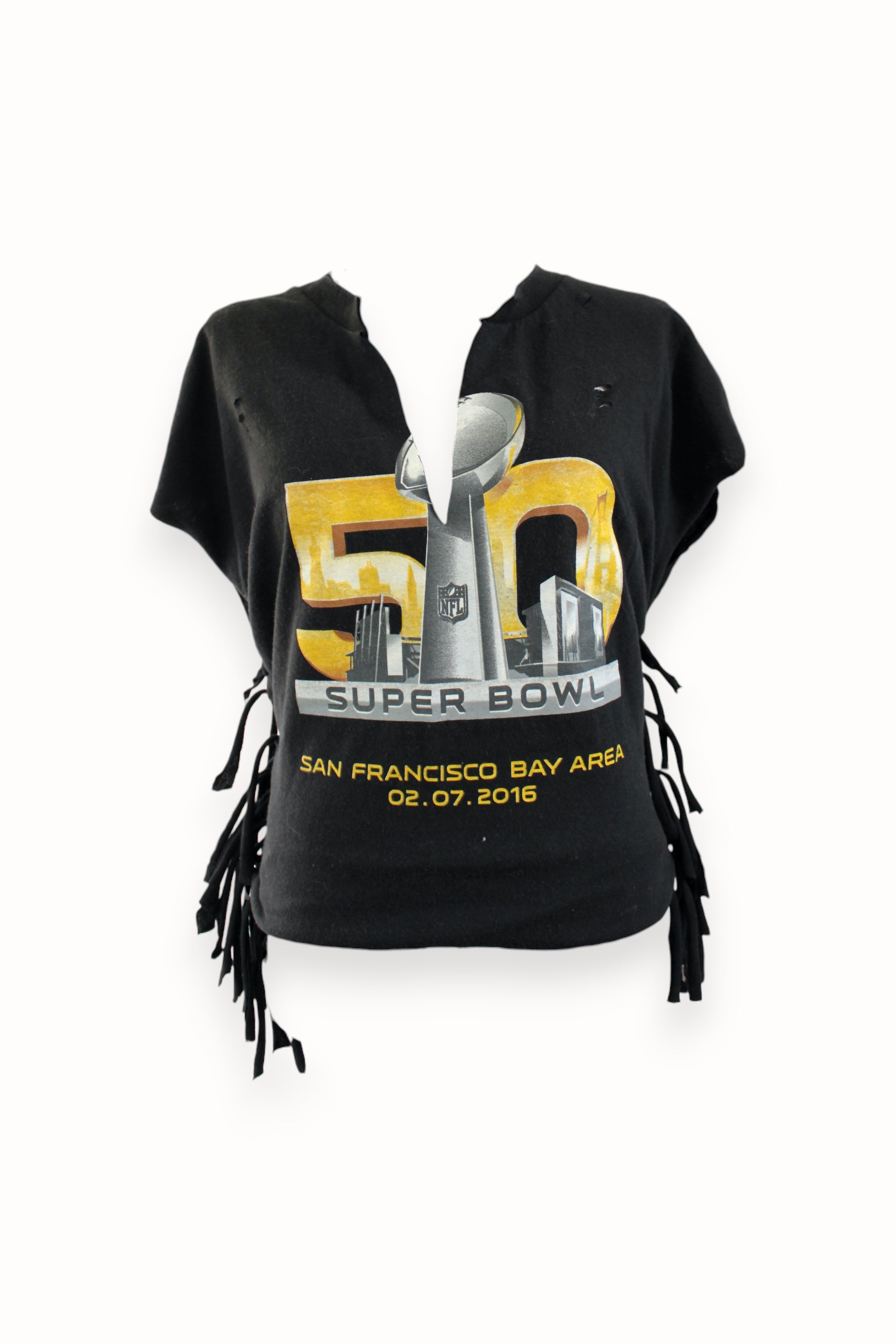 Black t-shirt with Super Bowl 50 graphics on a white background