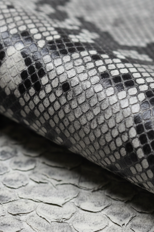 SNAKE SKIN FABRIC CLOSE UP GREY WHITE AND BLACK LEATHER MATERIAL